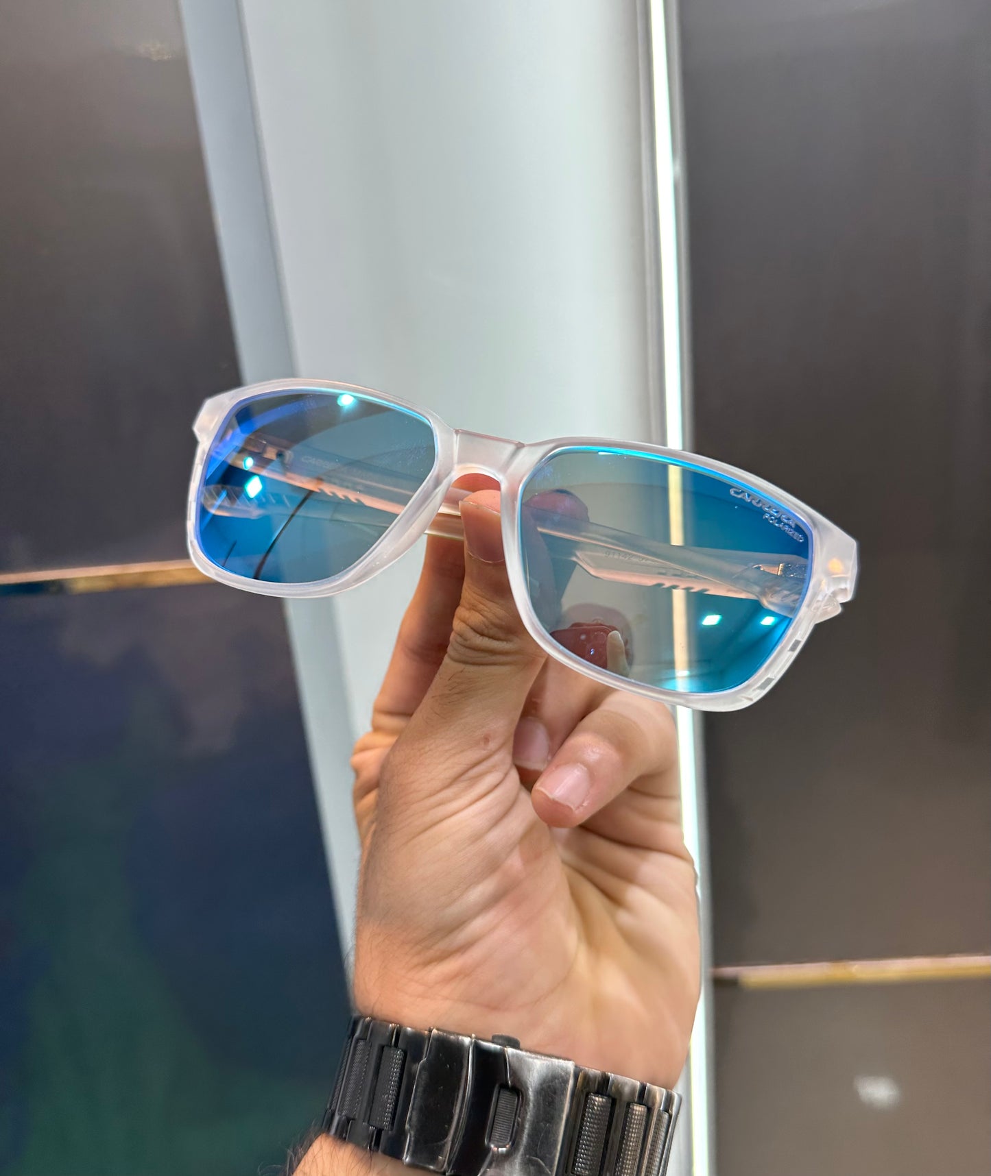 CARRERA TRANSPARENT WHITE PREMIUM SUNGLASSES !! BLUE 🔵 SERIES !! WITH OG BOX Urban Classics Store