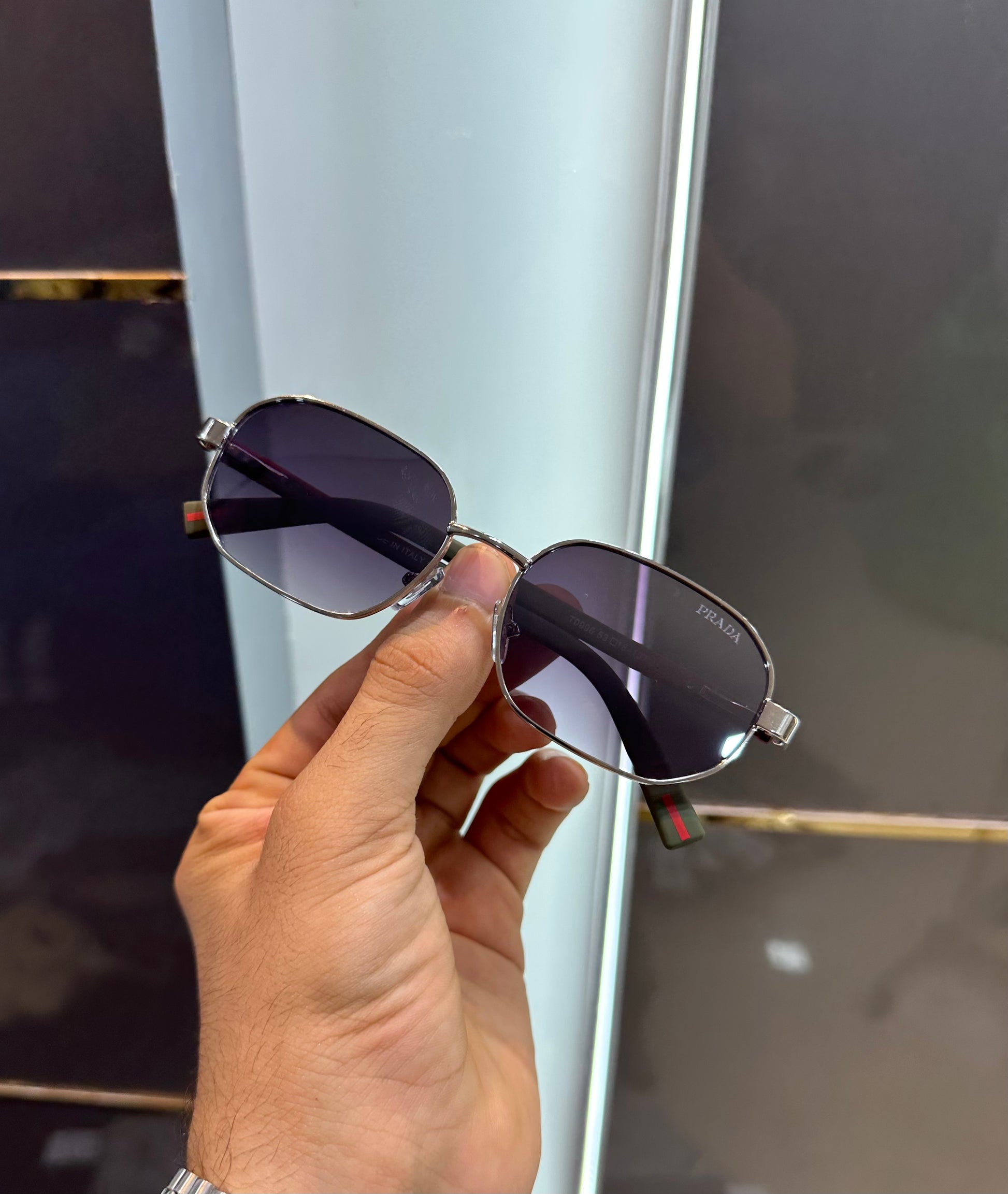 PRADA MILANO - RECTANGLE BLACK FRAME SILVER-TONE SUNGLASSES WITH OG KIT Urban Classics Store