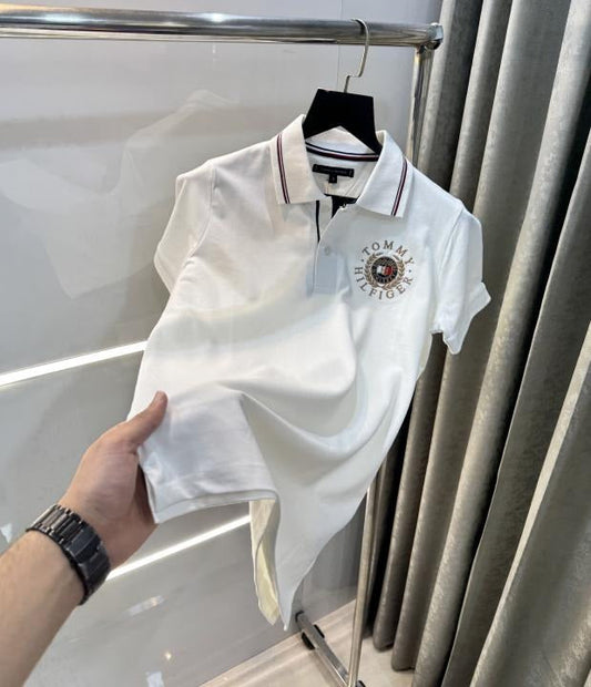TOMMY HILFIGER WHITE LOGO PREMIUM POLO T-SHIRT Urban Classics Store
